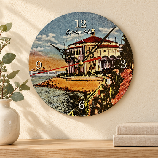 Casino Vintage aluminum wall clock styled on an ivory wall above an oak shelf with eucalyptus