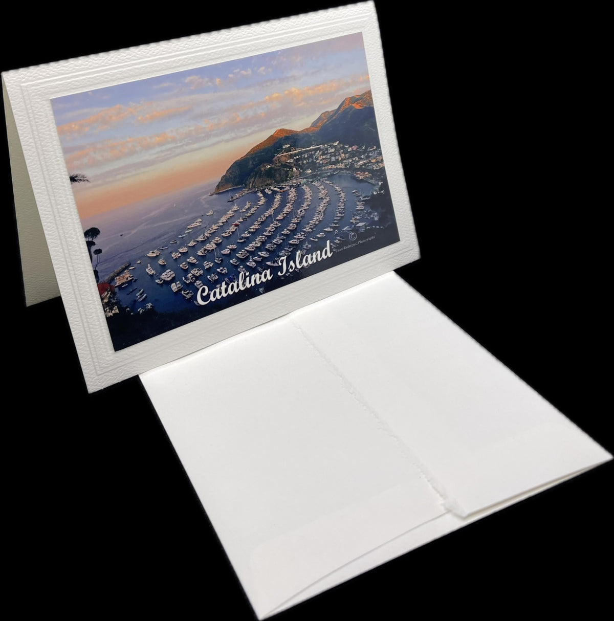 Finished Catalina Island greeting card with textured white border and white envelope
