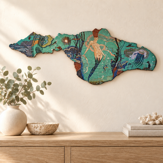 Horizontal Casino Mermaid Catalina Island wooden plaque styled above an oak console with eucalyptus