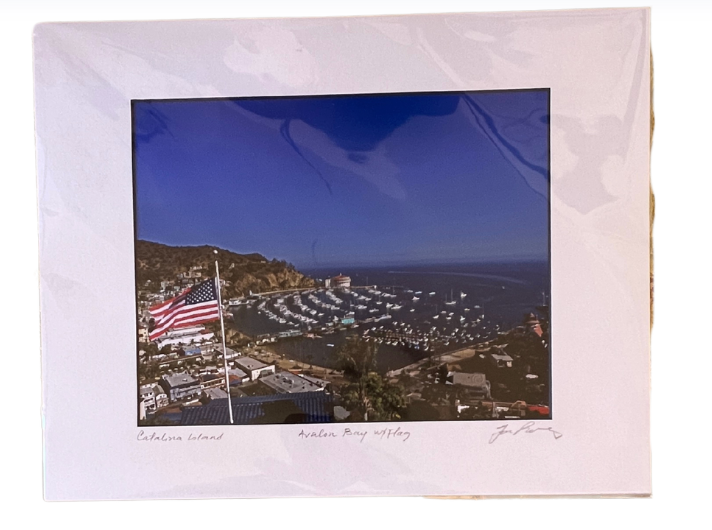 Finished Catalina Island harbor photograph with a white mat, shown in its protective sleeve; frame not included